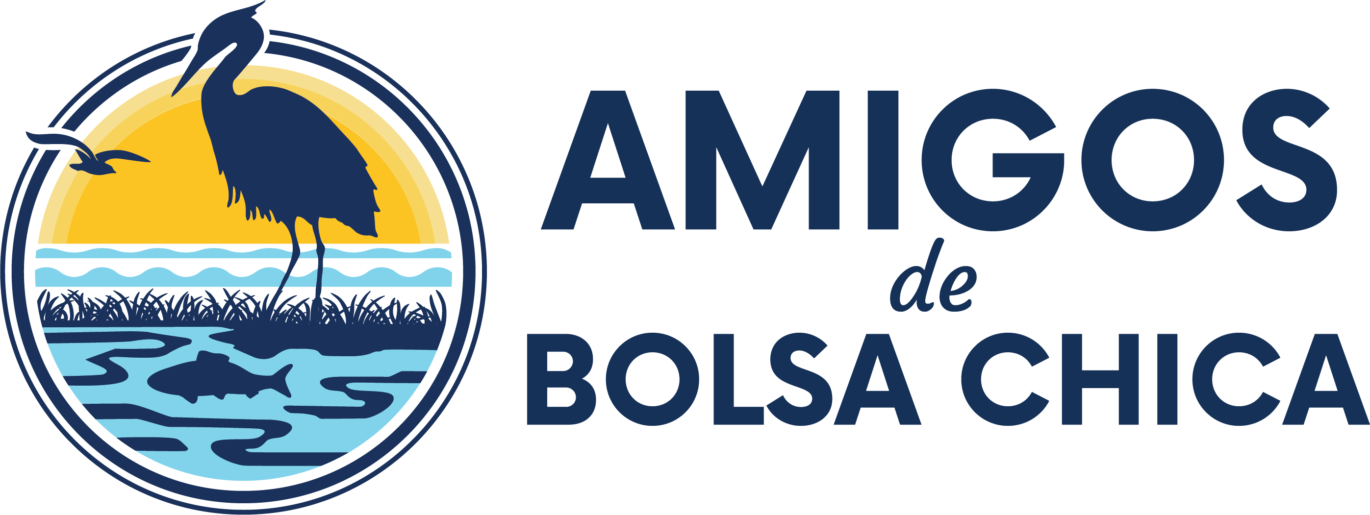 Amigos de Bolsa Chica Logo Graphic of the silhouette of an egret, a bird, standing on a layer of short grass submerged in water (wetlands), with the ocean and another bird in flight in the background. The text reads